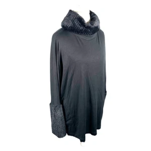 Saks Fifth Avenue Black Tunic Fur Trim Winter Ski Lagenlook Pockets Soft Size L - Picture 1 of 12
