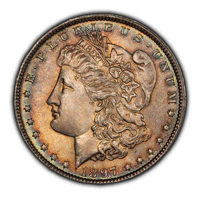 1897 $1 Morgan Silver Dollar - PQ Rainbow Target Toning - Strong BU - SKU-D4663 - Image 1 of 4