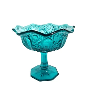 Vintage LE Smith Sterne und Riegel türkis blau Glas Standfuß Kompott Süßigkeiten Schale - Bild 1 von 7