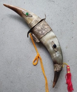 MONGOLIAN COW HORN ORNATE DECORATIVE LARGE KNIFE W/TASSELS, 15.75", RARE, UNIQUE - Picture 1 of 24