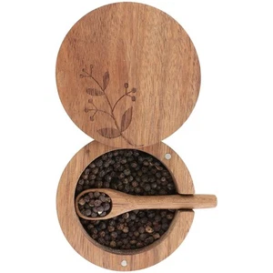 Salt keeper, Acacia wood salt cellar with lid and spoon, salt box with swivel... - Picture 1 of 9