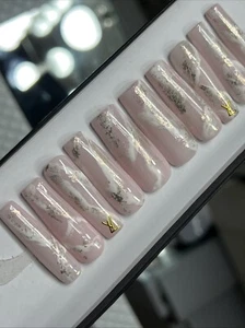 ⭐️ CUSTOM Gel Press On Nails, MARBLE LV BLING , 10p FULL SET W Kit LONG SQUARE - Picture 1 of 10
