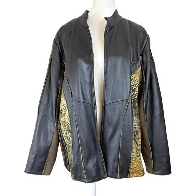 Vintage Koos of Course Leather Jacket Cheetah Blazer Tweed Biker 2XL y2k 90s - Image 1 of 4