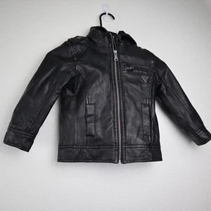 Guess girls leather bike jacket with hoodie sz 4 black pre-owned - Picture 1 of 12
