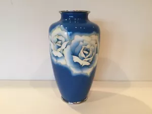 Vintage Ando Japan Cloisonne Blue w/White Rose Vase 7.25” - Picture 1 of 9