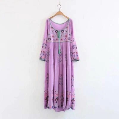 VESTIDO BOHO Maxi Feminino Hippie Mexicano Floral Bordado Decote V Profundo  - Imagem 1 de 4