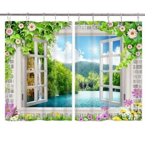 3D Curtains 2 Panel Set with Hooks Window Drapes for Kitchen Cafe Wet Room - Picture 1 of 11
