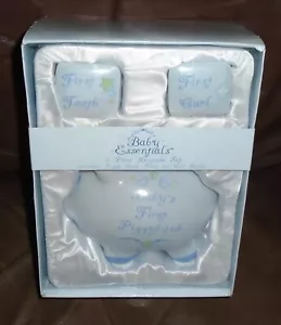 Baby Essentials 3-Piece Ceramic Keepsake Set First Tooth Curl Piggy Bank - Blue - Picture 1 of 6
