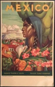 MÉXICO ~ Postal Estilo Póster ~ Hermosa Mujer Sostiene Flores ~ Exuberante Paisaje - Imagen 1 de 2