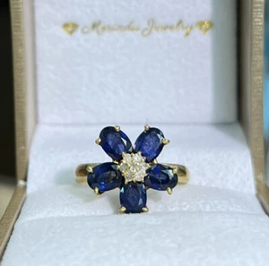 Anillo con racimo de flores de diamantes y zafiros térmicos naturales de oro macizo de 12K. Talla 7,5 - Imagen 1 de 6