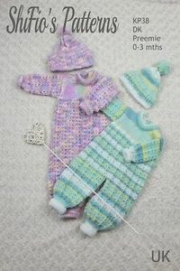 Patrón de tejido para bebés traje de juego y sombrero, prematuro, 0-3 mths DK, KP38 - Imagen 1 de 7