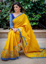 Indian Women Cotton Silk Ethnic Saree Yellow Digital Printed New Sari Blouse