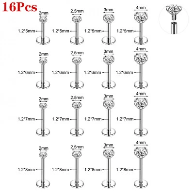 12/15/16 piezas tachuelas labiales de acero inoxidable roscadas circonita cúbica piercing Labret Foto 1 de 4