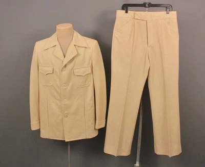 Men's VTG 70s Cream/Light Yellow 2 PC Leisure Suit Sz 40 1970s Disco Polyester - Image 1 of 4