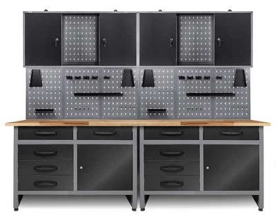 Ondis24 Werkstatt Set 240cm 2x Werkbank Metall 2x Werkzeugschrank Lochwand Haken - Bild 1 von 4