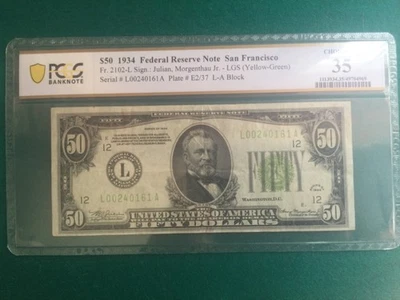 1934 San Francisco $50 Federal Reserve Note Yellow-Green Seal PCGS 35 Choice VF - Image 1 of 4