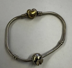 Bracelet Pandora Argent Cœur doré + boule fleur Maille Serpent Argent 925 18,70g - Photo 1/4