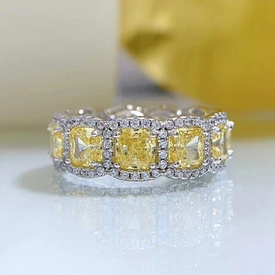 Precioso anillo de zafiro amarillo simulado corte cojín chapado en oro blanco de 14 k Foto 1 de 4