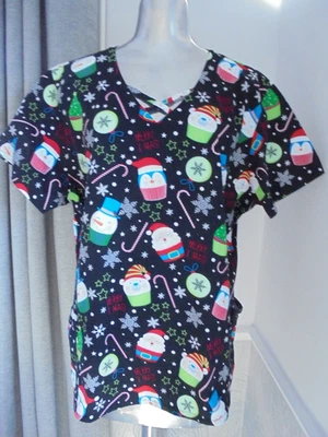 LADIES BUTTER-SOFT TUNIC V NECK SHORT SLEEVE POCKETS BLACK SNOWMEN SIZE 3XL - Image 1 of 4