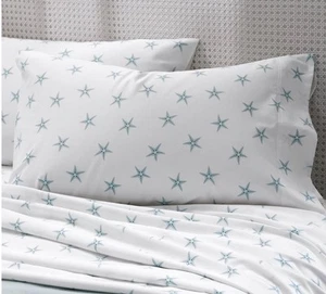 Cuddledown Pillowcase Pair Starfish White Aquamarine Standard Queen 400TC 100% C - Picture 1 of 3
