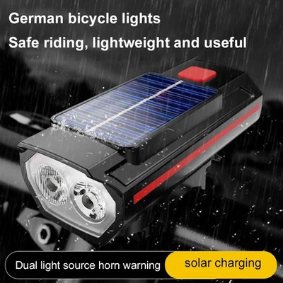 SolarPowered USB Rechargeable LED BicycleHeadlight LightLamp with Bike Horn X2R1 - Image 1 of 4