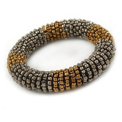 Bronze/ Grey Glass Bead Roll Stretch Bracelet - Adjustable - Image 1 of 3