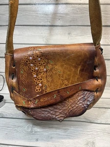 VTG 70s Leather Saddle Bag Handmade Artisan Shoulder Purse Flap Hobo Hippie Boho - Picture 1 of 20
