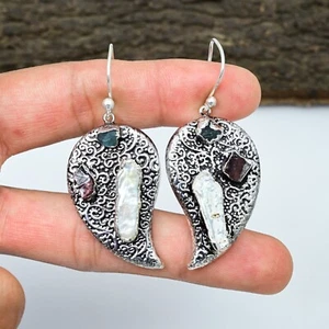 925 Silver Mother Of Pearl Tourmaline Electroformed Handmade Earrings Jewelry - Picture 1 of 4