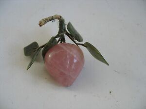 Vtg Jade stone Carved Pink Quartz peach plum w leaves Chinese Asian