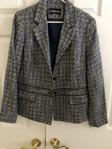Sag Harbor Size 12 Navy Blue Yellow Cream Tweed Blazer Suit Jacket Women - Picture 1 of 14