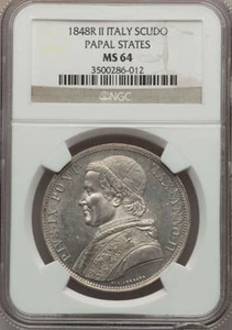 ITALY PAPAL STATES 1848 1 SCUDO SILVER COIN UNCIRCULATED, NGC CERTIFIED MS 64 - Picture 1 of 8