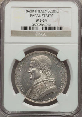 ITALY PAPAL STATES 1848  1 SCUDO SILVER COIN UNCIRCULATED, NGC CERTIFIED MS 64 - Image 1 of 4