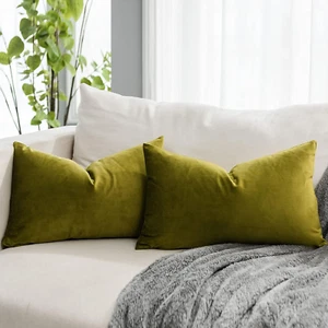 Olive Decorative Lumbar Velvet Throw Pillow Covers 12X20 Inch Set of 2 with Zipp - Picture 1 of 6