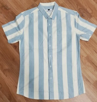 TOPMAN Men's Muscle Fit Short Sleeve Casual Button Down-Blue Stripe-Choose Size! - Image 1 of 4