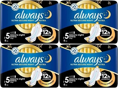 32 x Always Ultra Sanitary Towel Pads Secure Dry Night Extra with Wings, Size 5