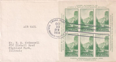 1934 Tran-Miss Stamp Expo sheet of 6 imperforate Scoot #751 1 cent FDC air mail - Image 1 of 3