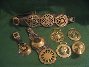 Collection of Victorian Heavy Shire Horse Brass Brasses and Leather Martingales
