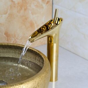 Luxury Gold Bathroom Sink Faucet Waterfall Single Handle Basin Vanity Mixer Tap