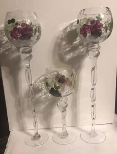 3 Piece Hand Painted Crackle Glass Hurricanes W/Grapes-HOME ESSENTIALS 20” & 12” - Picture 1 of 12