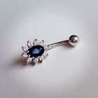Simulated Blue Sapphire Oval Belly Button Ring Piercing Ring Sterling Silver 925