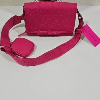 Betsey Johnson Hot Pink Crossbody Embossed Skull Handbag With Coin pouch - Image 1 of 4