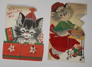 2 Vintage MCM Weihnachts Grußkarten ausklappbar Strumpf & Katze Serviert Kuchen unbenutzt  - Bild 1 von 9