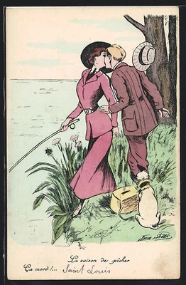 Künstler-AK Xavier Sager: Mann küsst Anglerin  - Bild 1 von 2