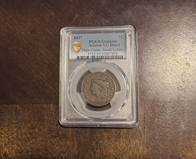 1837 Matron Head Large Cent Penny, Plain Cord, Small Letters, VG Details PCGS - Image 1 of 2