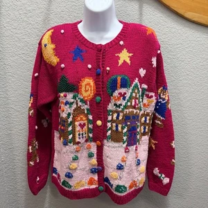 VTG Susan Bristol Sweater Women M Pink Hand Knit Cardigan Christmas Winter 1995 - Picture 1 of 10
