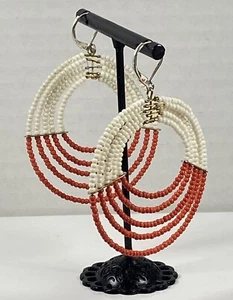 Bold Orange & White Seed Bead Concentric Circles Statement Earrings 925 Boho - Picture 1 of 6