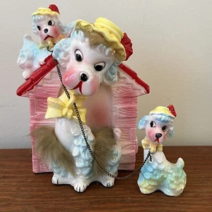 Vintage 50s Ceramic Poodle Piggy Bank Anthropomorphic Dog Family Leash Chain Fur - Picture 1 of 8