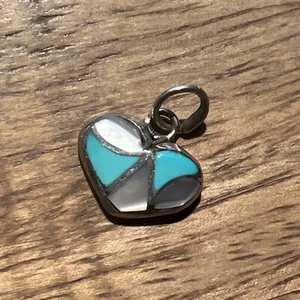 Native American Sterling Silver 925 Turquoise MOP Inlay Heart Pendant Charm - Bild 1 von 4