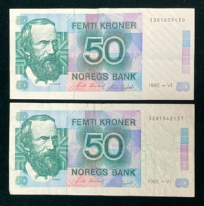 Norvège. Beau lot de 2 billets de 50 Kroner 1985. Etat TTB/TTB+ - Imagen 1 de 2