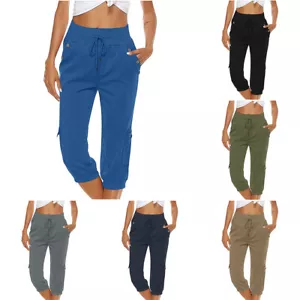 Women High Waist Cargo 3/4 Length Pants Ladies Pocket Straight Leg Capri Trouser - Picture 1 of 17